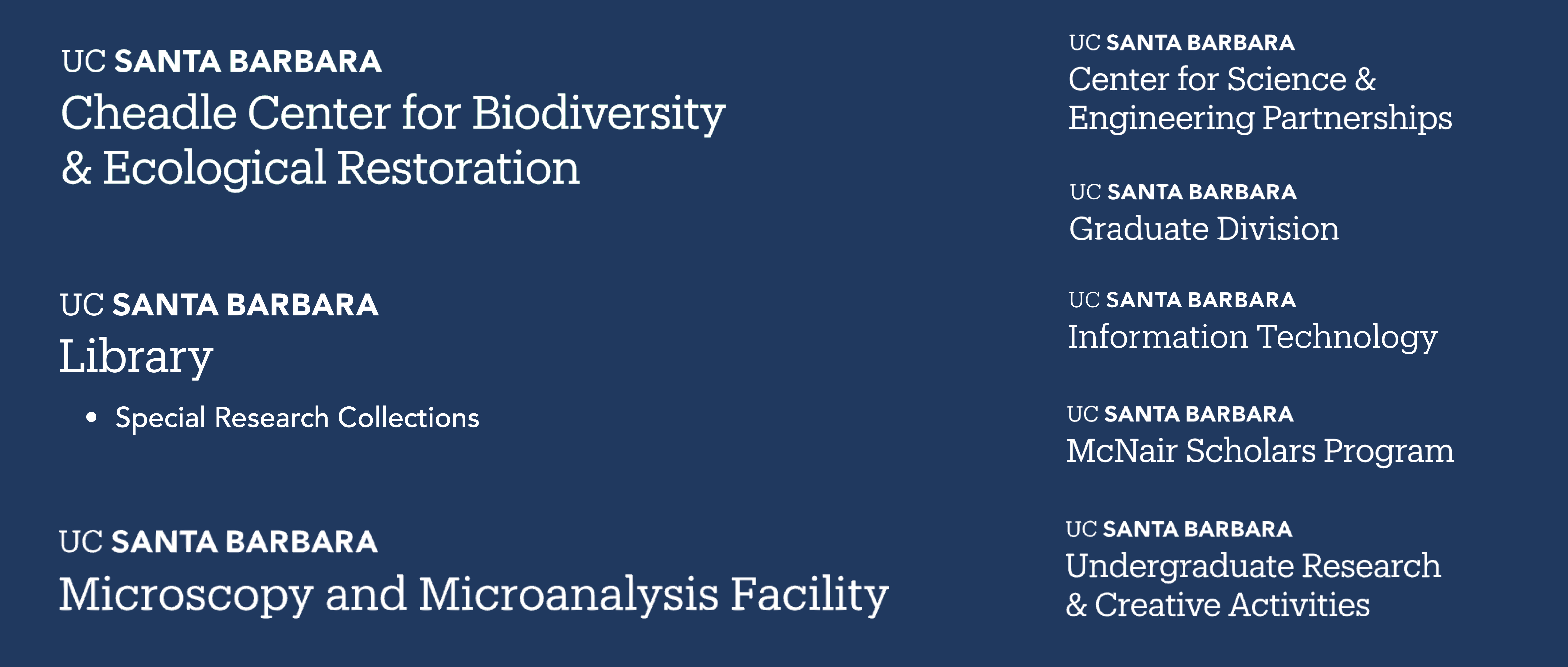 Wordmarks of SOAR² Collaborators, including the Cheadle Center for Biodiversity & Ecological Restoration, the UCSB Library Special Research Collections, the Microscopy and Microanalysis Facility, the Center for Science and Engineering Partnerships, the Graduate Division, Information Technology, the McNair Scholars Program, and Undergraduate Research and Creative Activities.